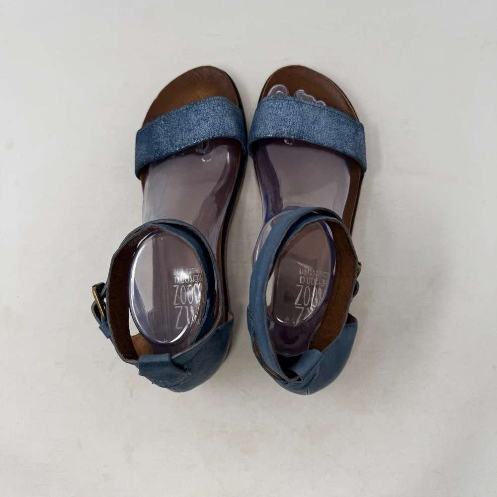 Miz Mooz Verona Collection Sandals Blue 9 Leather Ankle Strap Metallic Flat
